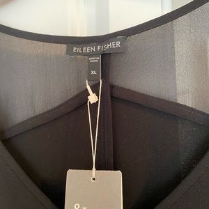NWT Eileen Fisher Black Silk Crepe V-Neck Cap Sleeve Dress in Women's X-Large